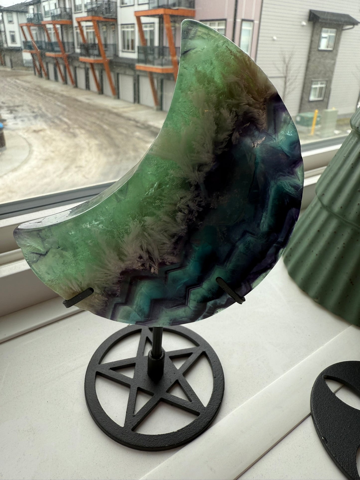 XL Feather Fluorite Moon - with Stand